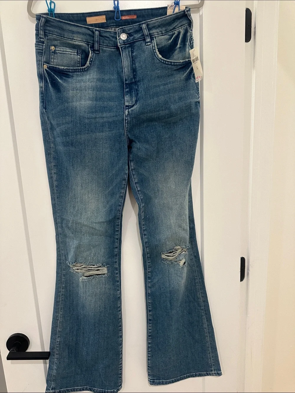 Pilcro Medium Blue Distressed Flare Jeans